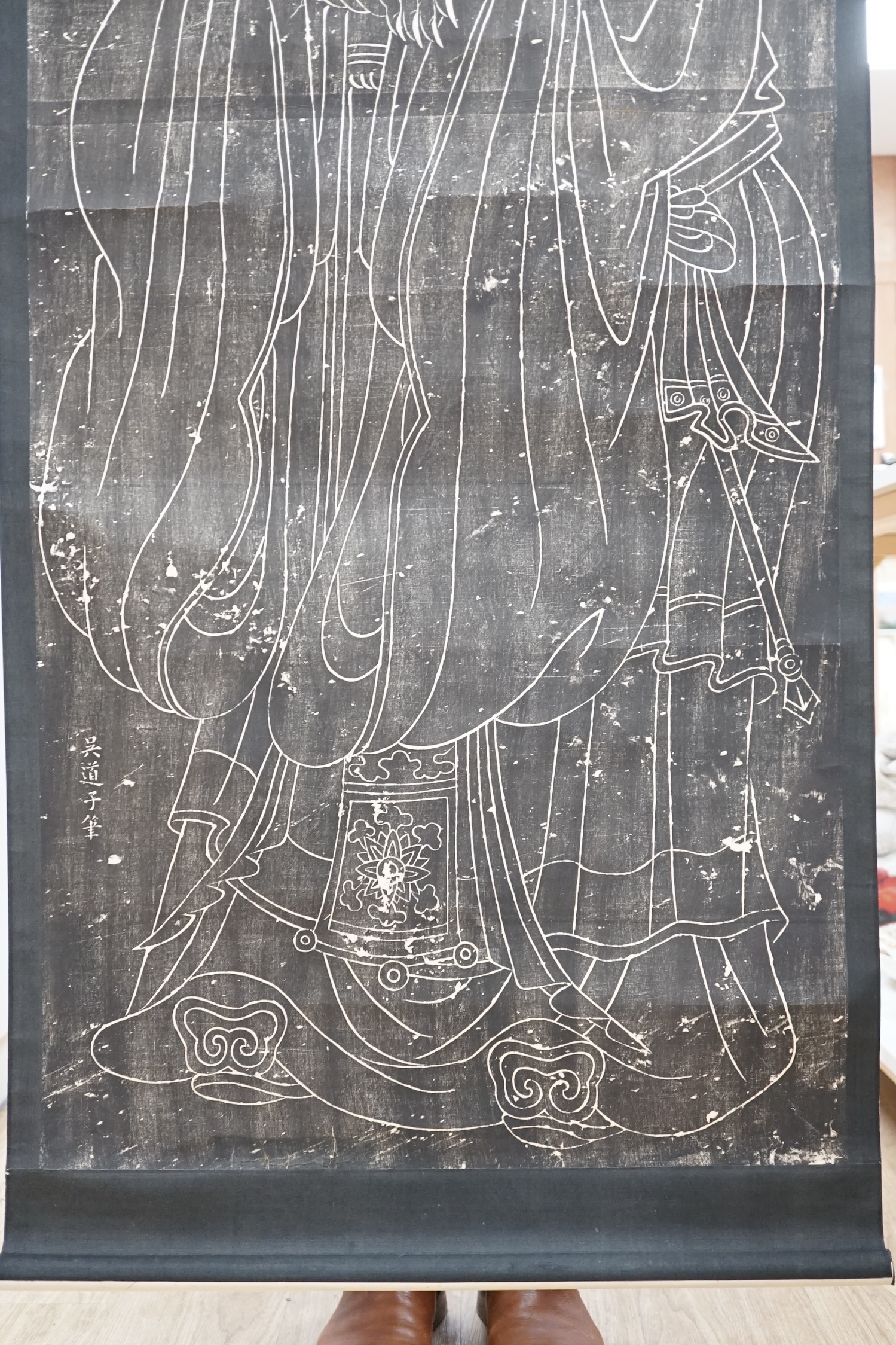 A Chinese scroll painting and scroll rubbing. Condition - poor